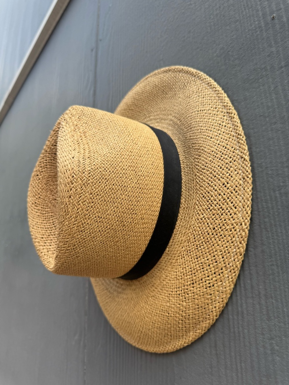 Vintage SF Green Tan Panamanian Straw Fedora Hat Size SM
